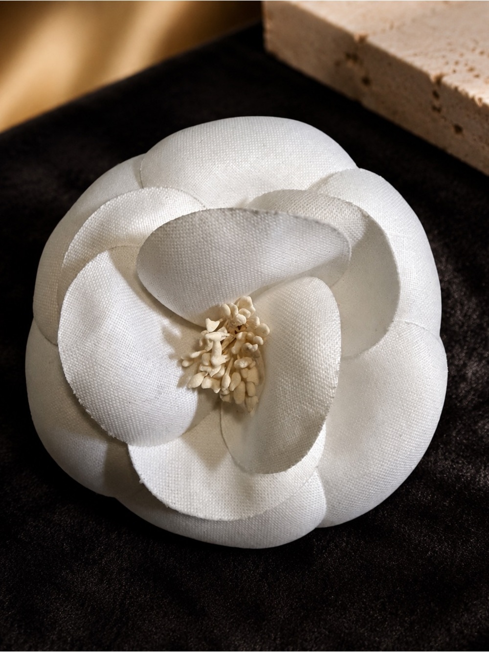 Authentic Vintage CHANEL White Fabric Camellia Flower Brooch Pin